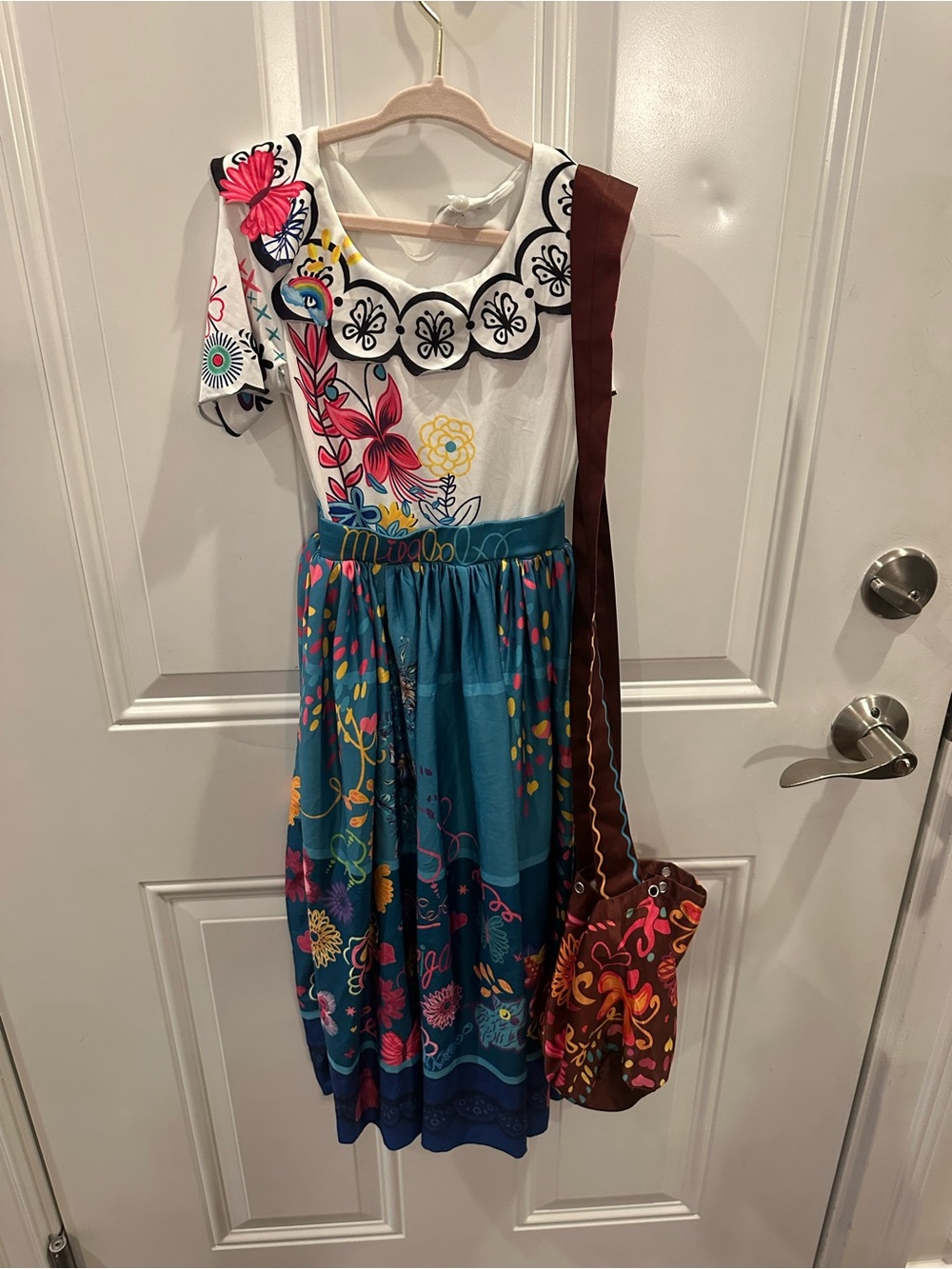Encanto Mirabel Vibrant Floral Midi Dress with Teal Skirt costume with purse